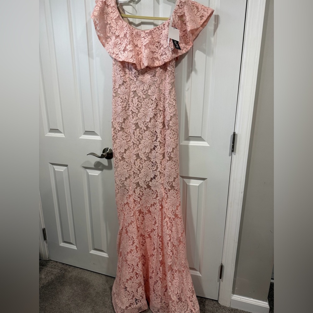 Xscape Pink Lace Maxi Dress with Ruffle Neckline